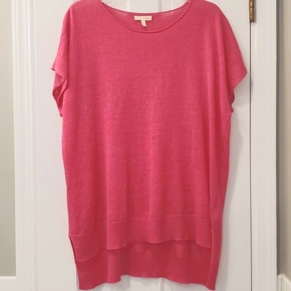 EILEEN FISHER 100% LINEN BRIGHT PINK SHORT SLEEVE SWEATER SIZE SMALL MINIMALIST - Picture 1 of 11